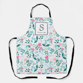 Blue and Pink Floral Pattern with Monogram & Name エプロン (正面)