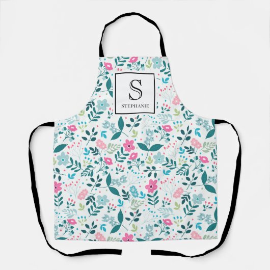 Blue and Pink Floral Pattern with Monogram & Name エプロン (正面)