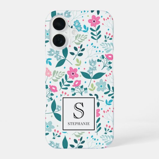 Blue and Pink Floral Pattern with Monogram Name iPhone 16ケース (裏面)