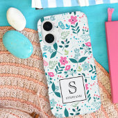 Blue and Pink Floral Pattern with Monogram Name iPhone 16ケース