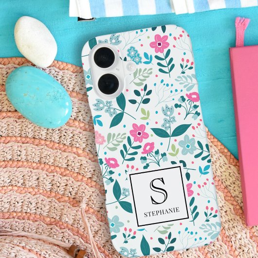 Blue and Pink Floral Pattern with Monogram Name iPhone 16ケース