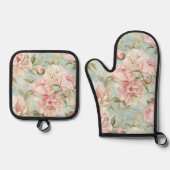 Blue and pink floral shabby chic 鍋つかみ&鍋敷きセット (正面)