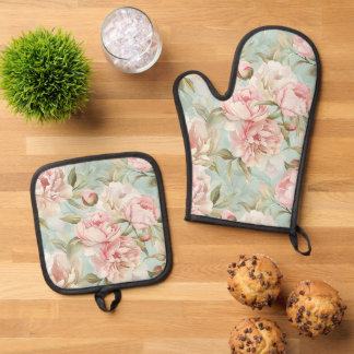 Blue and pink floral shabby chic 鍋つかみ&鍋敷きセット