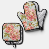 Blue and pink floral shabby chic 鍋つかみ&鍋敷きセット (正面/裏面)