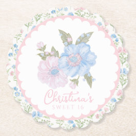 Blue and Pink Grandmillennial Floral Sweet 16 ペーパーコースター