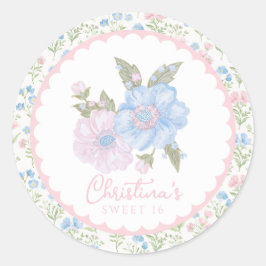 Blue and Pink Grandmillennial Floral Sweet 16 ラウンドシール