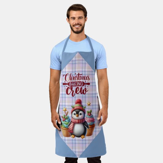 Blue and Pink Plaid Penguin Cupcakes Baking Crew エプロン (着用した状態)