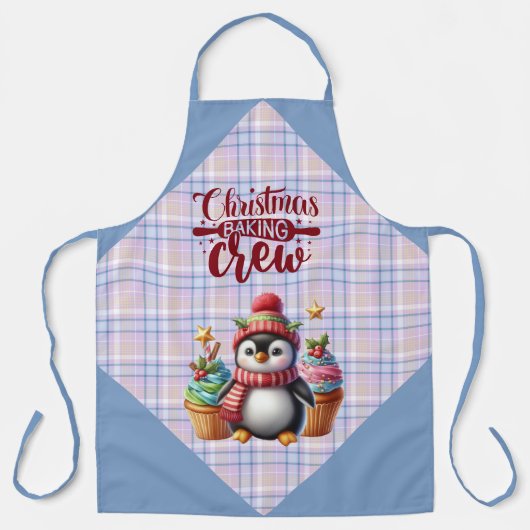 Blue and Pink Plaid Penguin Cupcakes Baking Crew エプロン (正面)