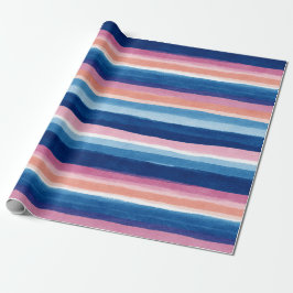 Blue and Pink Watercolor Coastal Stripes ラッピングペーパー