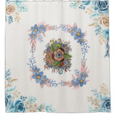 Blue and Pink Watercolor Floral Art シャワーカーテン (正面)