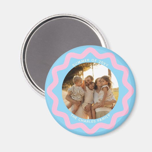 Blue and Pink Wavy Circle Photo Frame with Text マグネット (正面/裏面)