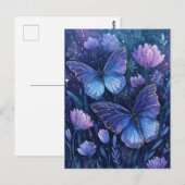 Blue and Purple Butterfly in Starry Floral Garden ポストカード (正面/裏面)