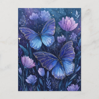 Blue and Purple Butterfly in Starry Floral Garden ポストカード