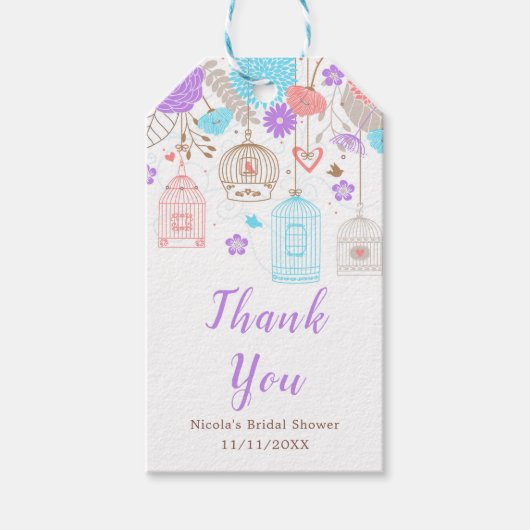 Blue and Purple Floral Bird Cages Bridal Shower ギフトタグ (正面)