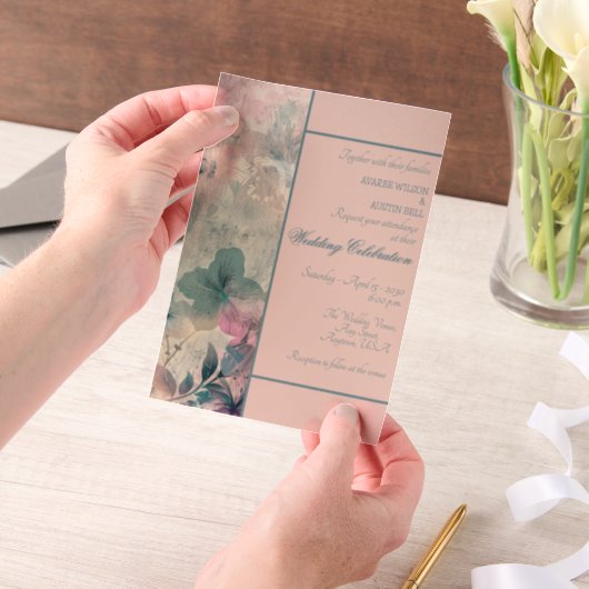 Blue and Purple Floral Framed  Wedding ベラム紙招待状 (ポータブル)