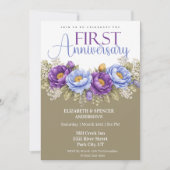 Blue and Purple Peony 1st Wedding Anniversary 招待状 (正面)
