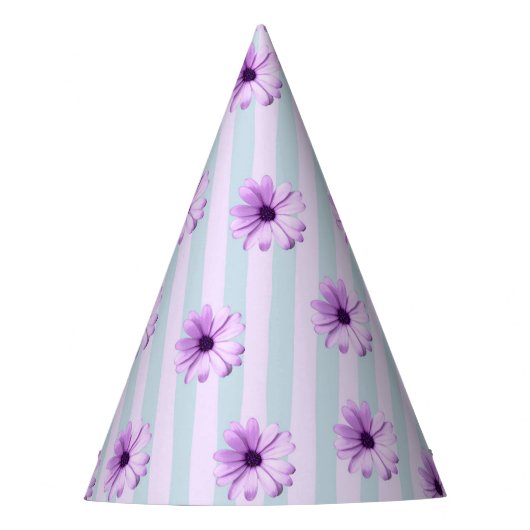 blue and purple striped daisy pattern パーティーハット (正面)
