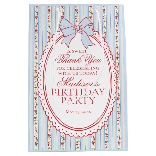 Blue and Red Vintage Fancy Floral Birthday Favors ミディアムペーパーバッグ (正面)