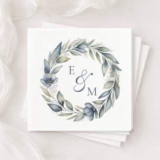 Blue and Sage Floral Wreath Wedding Napkin スタンダードカクテルナプキン