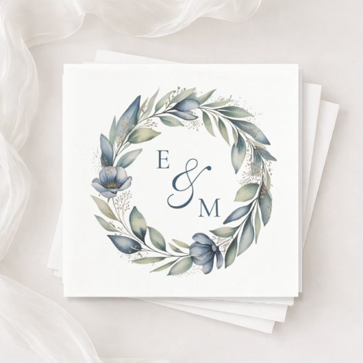 Blue and Sage Floral Wreath Wedding Napkin スタンダードカクテルナプキン