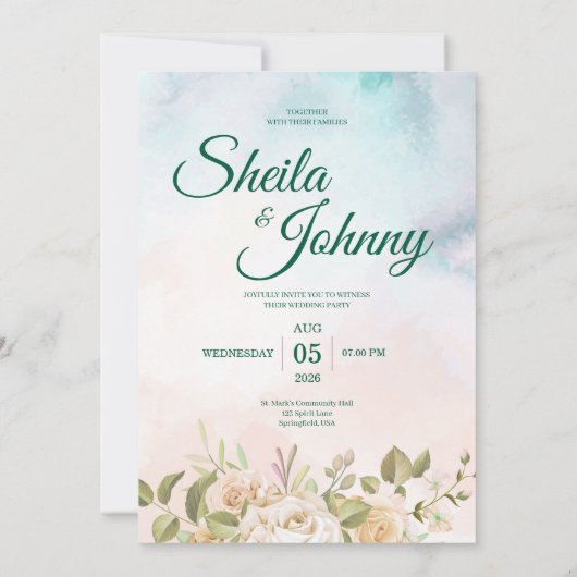 Blue and Salmon Pastel Elegance Wedding Invitation 招待状 (裏面)