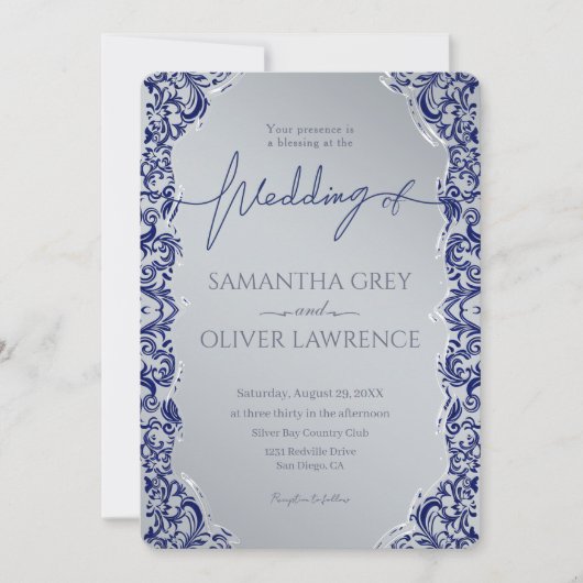 Blue and Silver Damask Wedding Invitation 招待状 (正面)