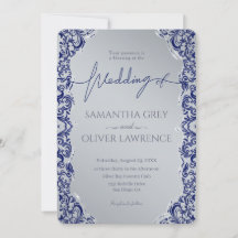 Blue and Silver Damask Wedding Invitation