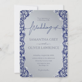 Blue and Silver Damask Wedding Invitation 招待状