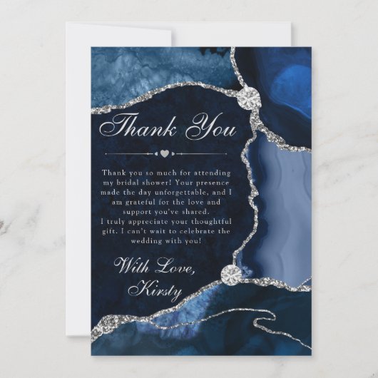 Blue and Silver Faux Glitter Agate Bridal Shower サンキューカード (正面)