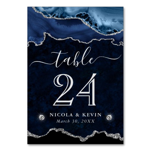Blue and Silver Faux Glitter Agate Wedding テーブルナンバー (正面)