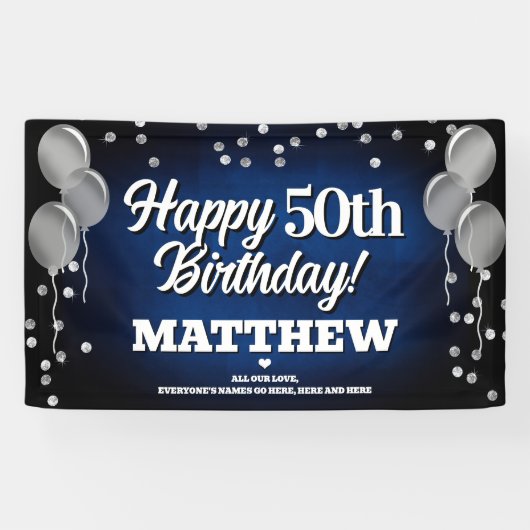 Blue and Silver Happy Birthday Banner 横断幕 (横)