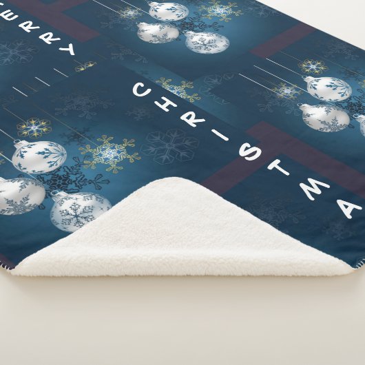 Blue and Silver Ornament Merry Christmas Blanket シェルパブランケット (3/4)