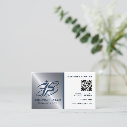 Blue and Silver QR Code Fitness Trainer 名刺 (スタンド正面)