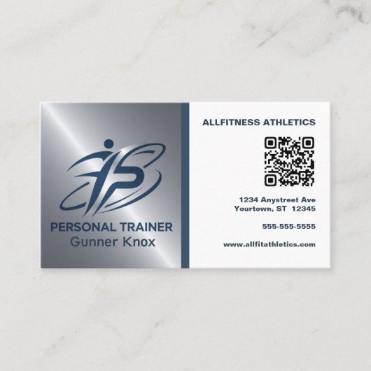 Blue and Silver QR Code Fitness Trainer 名刺 (正面)