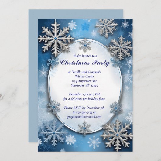 Blue and Silver Snowflakes Christmas Party 招待状 (正面/裏面)