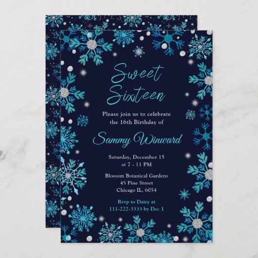Blue and Silver Snowflakes Sweet Sixteen 招待状 (正面/裏面)