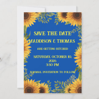  Blue and Sunflower Personalised Save The Date 招待状