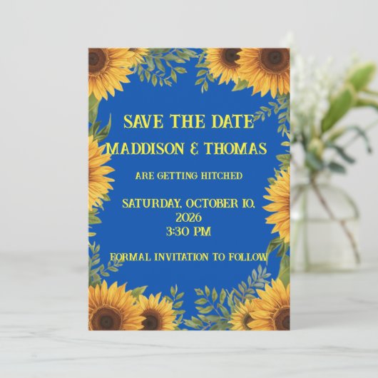  Blue and Sunflower Personalised Save The Date 招待状 (スタンド正面)