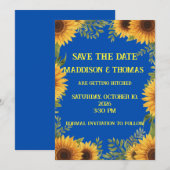  Blue and Sunflower Personalised Save The Date 招待状 (正面/裏面)