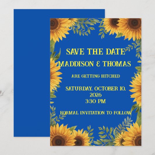  Blue and Sunflower Personalised Save The Date 招待状 (正面/裏面)
