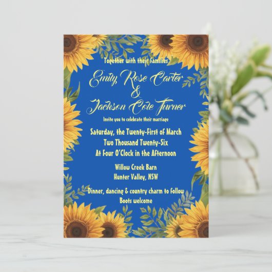 Blue and Sunflower Wedding Invitation 招待状 (スタンド正面)