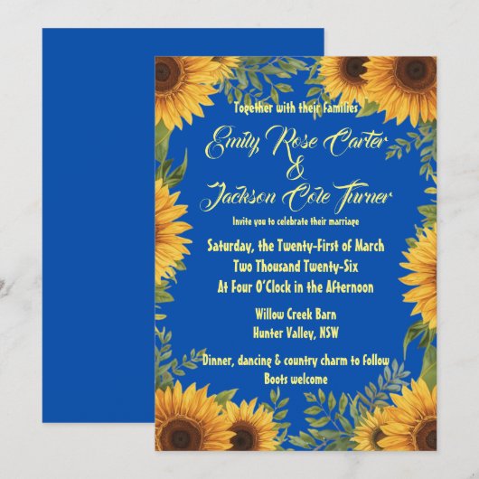 Blue and Sunflower Wedding Invitation 招待状 (正面/裏面)