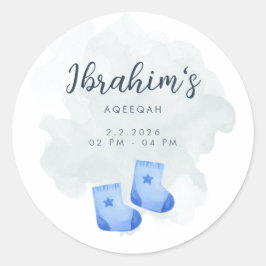 Blue and Tan Watercolor Aqeeqah Baby Boy Sticker ラウンドシール