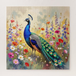 Blue and Turquoise Peacock in Flowers ジグソーパズル