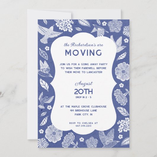 Blue and White Birds Moving Away Party Invitation 招待状 (正面)