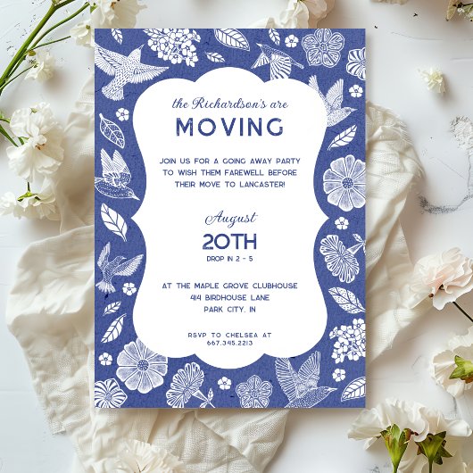 Blue and White Birds Moving Away Party Invitation 招待状