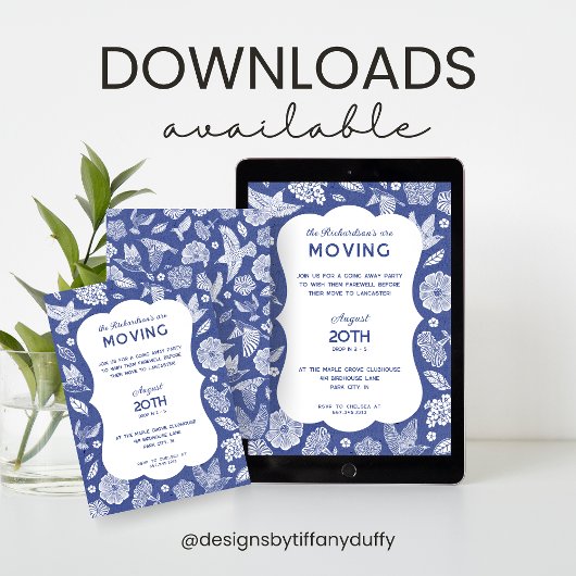 Blue and White Birds Moving Away Party Invitation 招待状