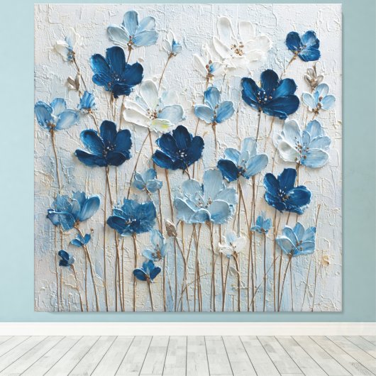Blue and White Bloom Abstract Wall Art キャンバスプリント (インサイチュ (ウッドフロア))