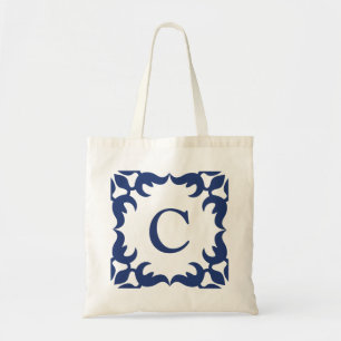 Blue and White Blue Scroll Frame Monogram トートバッグ