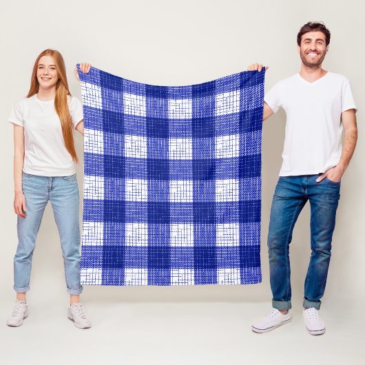 Blue and White Bold Checkered Plaid Design  フリースブランケット